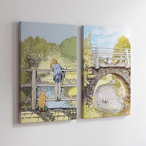 Poster Master 2-Piece Vintage Winnie Pooh and Friends Canvas - Winnie Pooh on Stone Bridge Print - Story Book Art - Aesthetic Kid's Room or Nursery Decor - Available in 8x10 to 30x40