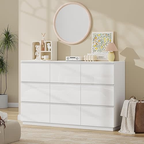 wanan 9 Drawer Dresser, Glossy White Dresser with LED Lights & Charging Station, Ball Bearing Slide