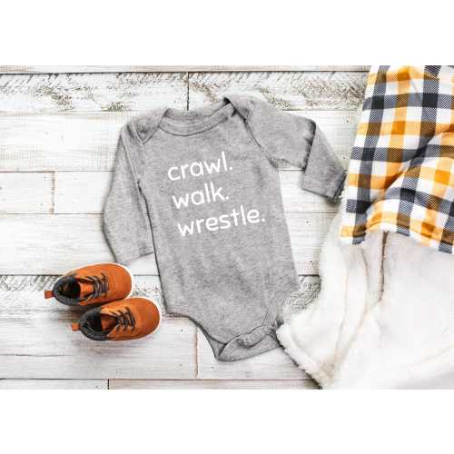Crawl, Walk, Wrestle Bodysuit, Infant Sports Bodysuit, Baby Boy Shower Gift, Neutral Infant Creeper, Newborn Boys Wrestling Shirt