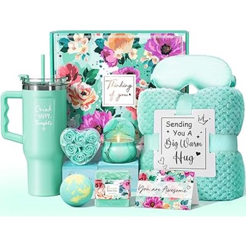 Birthday Gifts for Women Self Care Gifts Get Well Soon Gifts, Ocean Relaxing Spa Gifts Basket Care Package w/ Luxury Flannel Blanket 40 oz Tumbler, Mothers Day Gifts for Mom Wife Her Girlfriend Sister