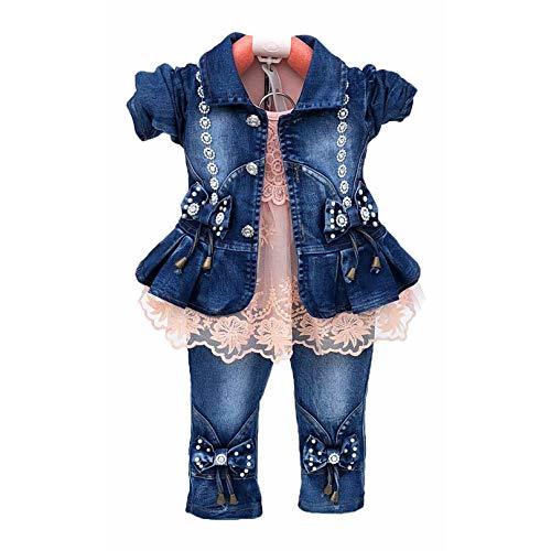 Peacolate Spring Autumn Little Girls Clothing Set 3pcs Long Sleeve T-Shirt Denim Jacket and Jeans