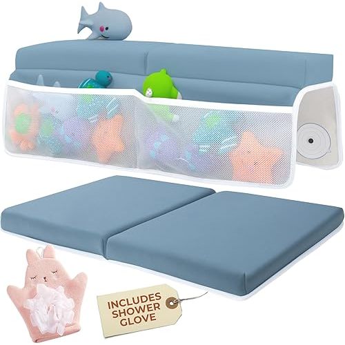 Comfortable Baby Bath Kneeler and Elbow Rest Pad Set with Pink Cloth Glove - Thick, Non-Slip, Memory Foam Kneeling Pad for Bathing Baby with Toy Storage Pockets - Easy Clean and Durable -Blue