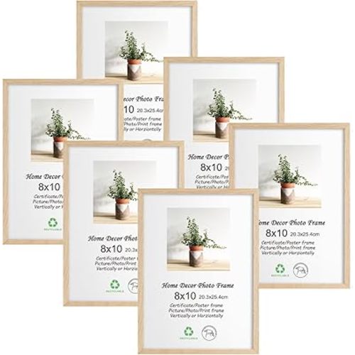 LYYYXGYP 8x10 Wood Picture Frame Set of 6 Wooden Photo Frame Natural Solid Oak Wood Grain Beige Frame with glass for Wall Hanging and Tabletop Display
