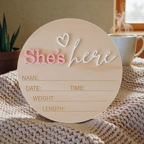 Wooden Birth Announcement Sign – 6 Inch Round Baby Announcement Plaque, She’s Here/He’s Here Newborn Announcement, Hello World Nursery Sign (She)