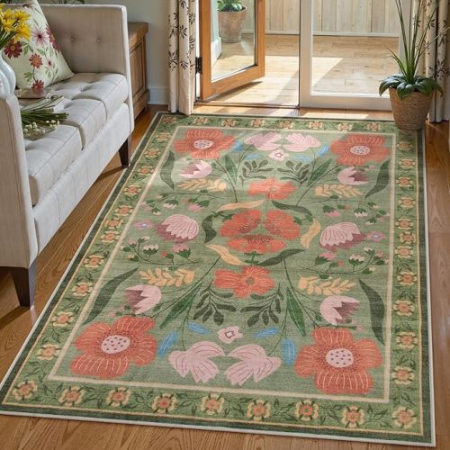 Beeiva Machine Washable Area Rugs, Boho 5x7 Rug Non Slip Non-Shedding Area Rugs for Bedroom, High Traffic Farmhouse Carpet for Living Room Dorm Playroom (Green,5'x7')