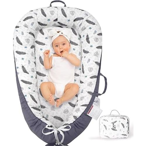 Baby Lounger for Newborn 0-24 Months – Breathable & Soft Baby Nest Cotton Cover – Reversible, Lightweight & Portable Infant Lounger for Girl & Boy - Baby Essentials for Home & Travel