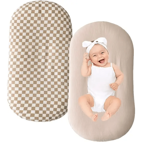 Little Jump Muslin Baby Lounger Cover, 2 Pack Cotton Muslin Newborn Lounger Cover for Girls Boys, Soft Removable Slipcover for for Infant Lounger (Khaki, Coffee Checkered)