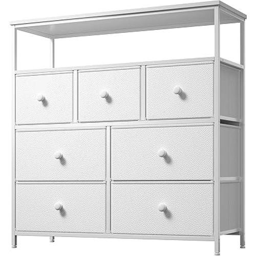 EnHomee White Dresser for Girls Bedroom with 7 Drawers and 2 Shelves, Girls Dresser with Wooden Top and Metal Frame, Cute Dressers & Chest of Drawers for Bedroom, Closets,Nursery,White