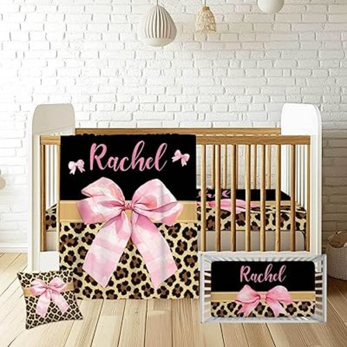 Custom Baby Crib Bedding Sets, 3-Piece Pink Bow with Leopard Print Personalized Name Baby Bedding Set, Soft Blanket, Fitted Sheet, Pillowcase for Infant Newborn Nursery Bedding Gift for Girls