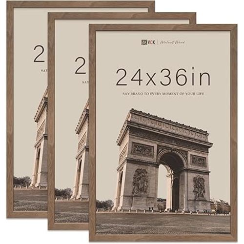 VCK 24x36 Poster Frame Brown Walnut - 3 Pack, Exclusive Natural Wood Grain Solid Wood Picture Frame, Wall Hanging