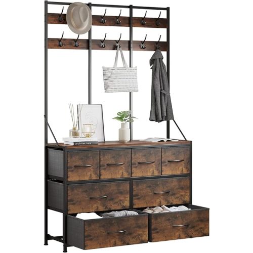 LUMTOK 8 Drawers Dresser, Chest of Drawer, Clothes Rack with Fabric Drawers, Hall Tree with Hooks and Drawers for Clothes, Toys, for Hallway, Entryway,Bedroom, Living Room(Rustic Brown)