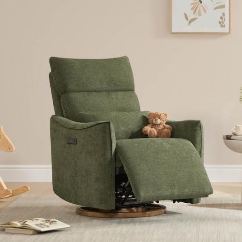 Otis Green Fabric Dual-Motor 270° Swivel Power Nursery Glider Recliner with Power Headrest Lumbar Pillow Curved Armrest