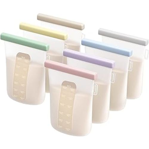 Nuliie 7 Pcs Reusable Silicone Breastmilk Storage Bags, 12oz/360ml Double Leak-Proof Breastmilk Freezer Bags, BPA Free Self-Standing Milk Bags for Breastfeeding, Baby Food Pouches