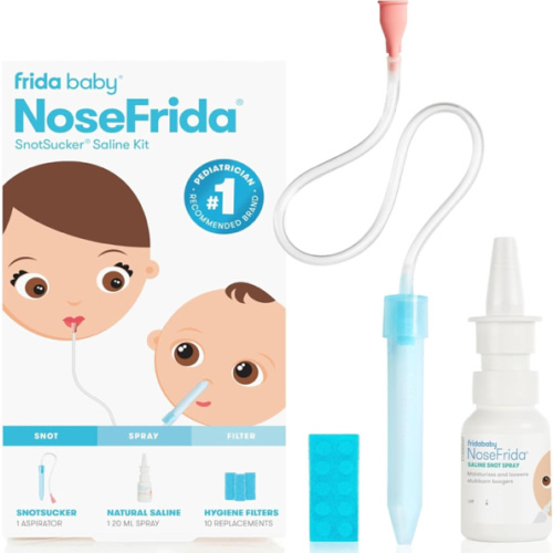 Frida Baby Saline Kit, Includes NoseFrida Nasal Aspirator for Baby, Baby Nose Sucker, Saline Nasal Spray for Babies with 10 Extra Hygiene Filters, Nasal Spray Decongestant, 0.68 fl oz