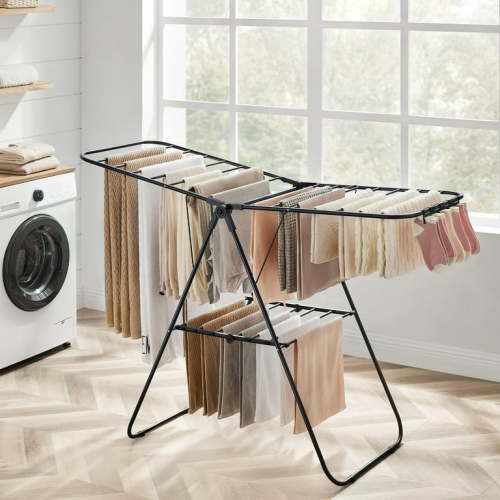 Foldable Clothes Drying Rack with Sock Clips Laundry Drying Rack with Height-Adjustable Gullwings Black