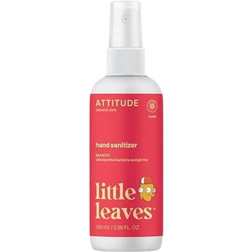 ATTITUDE Hand Sanitizer Spray for Kids & Adults, EWG Verified, Travel Size, Dermatologically Tested, Plant and Mineral Based, Vegan, Mango, 3.5 Fl Oz (Spray Bottle)