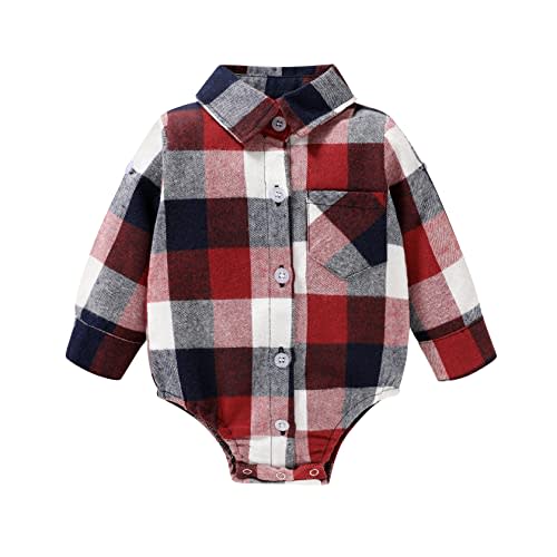 HAPPYMA Newborn Baby Boy Girls Plaid Outfit Flannel Romper Tops Infant Long Sleeve Button Down Plaid Casual Bodysuit Clothes
