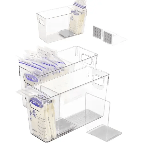 Breastmilk Storage Container with L Shaped Separator Boards, Dividers Will Flatten Standing Breast Milk Bags in Organizer Bins Save Refrigerator Space | 2 Containers Plus 4 Gray Removable Dividers