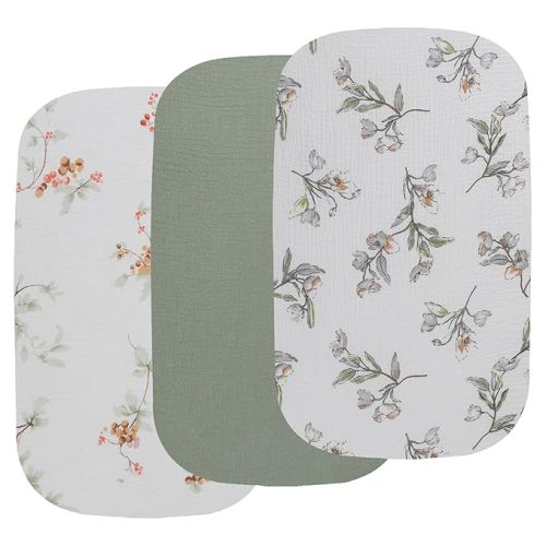 Onacosht Muslin Bassinet Sheets 3 Pack, 100% Cotton Baby Fitted Sheet 33" x 19" Compatible with Mika Micky, KoolaBaby (3 in 1), BabyBond, HARPPA and RICUTON Bedside Bassinet, Green and Botanical