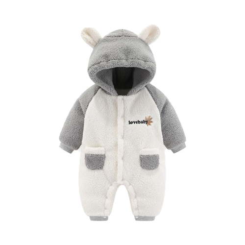 Hessimy Baby Snowsuit Winter Hooded Footie Fleece Jumpsuit for Girls Boys(Grey,12-18 Months)