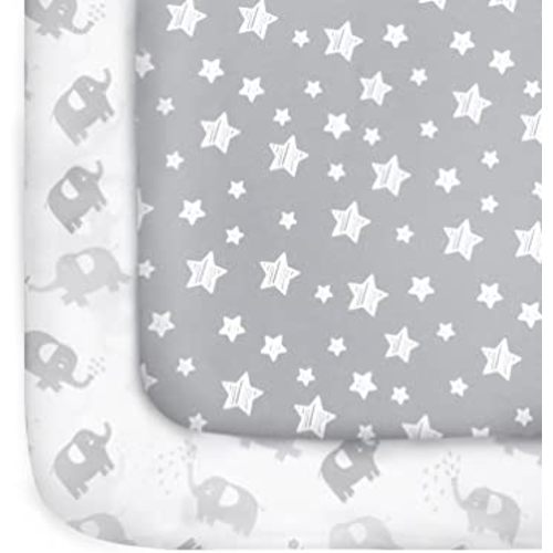 Mini Crib Sheets, 2 Pack Sheets, Stretchy Pack n Play Playard Fitted Sheet, Compatible with Graco Pack n Play, Soft and Breathable Material, Stars & Elephant