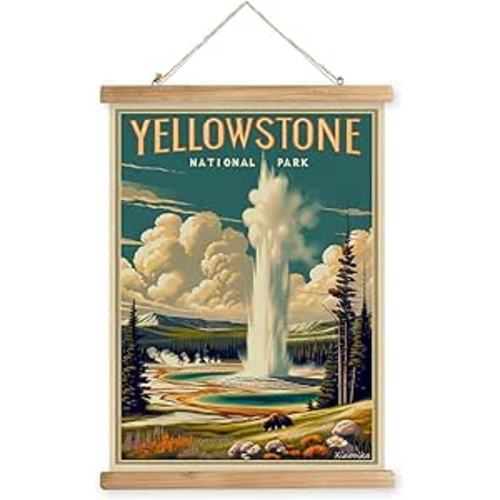 XIAOAIKA Vintage Yellowstone National Park Travel Poster with Wooden Scroll Frame – Holiday Decoration or Gift for Living Room, Bedroom, Office Wall Decor, Retro Art Print 16 x 23 Inches