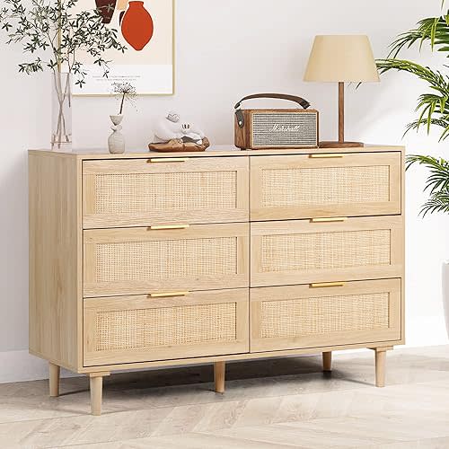 6 Drawer Dresser Rattan Dresser Modern Chest with Drawers,Wood Storage Closet Dressers Chest of Drawers for Bedroom,Living Room,Hallway (Natural)