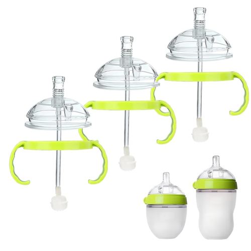 Sippy Cup Conversion Kit for Comotomo Baby Bottles, Soft Straw Top and Weighted Transition Cup Kit with Handles, Set of 3