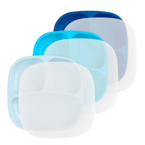 Re-Play Toddler Plates with Dividers - Deep-Walled 3 Compartments Divided Plates for Kids with 3 Lids - Dishwasher & Microwave Safe - Made in USA - Set of 3-7.37" x 7.37" x 1.25" - Bluesy