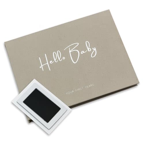 LOVE ON Baby Memory Book with Free Inkless Hand & Footprint Kit - First 5 Years Baby Journal with Elegant Linen Cover & Embossed Foil - Inclusive of All Family Types (Dots & Stripes)