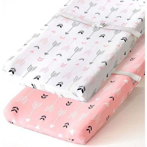 Stretchy Changing Pad Covers BROLEX 2 Pack Jersey Knit Change Pad Covers for Girls Boys,Pink & White Arrow