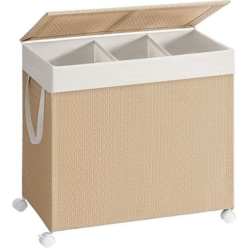 SONGMICS HOME Laundry Hamper with 3 Section, Large 140 L Rolling Laundry Basket with Wheels, Rattan Clothes Basket with Lid, Removable Liner with Handles, Natural Beige and Matte White ULCB602N01
