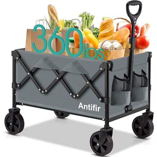Collapsible Foldable Wagon with Wheels 360 LBS,Heavy Duty Folding Utility Cart for Groceries,Shopping,Garden,Camping,Outdoor,2 Drink Holders,Grey