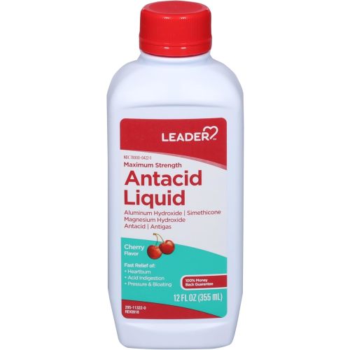 Leader Maximum Strength Antacid Liquid with Aluminum Hydroxide, Simethicone, Antacid/Antigas for Heartburn, Acid Indigestion, Pressure & Bloating, Cherry Flavor 12 FL oz