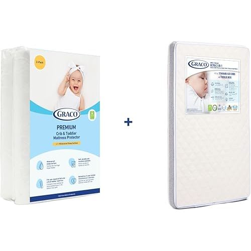 Graco Ultra Dual-Sided Crib Mattress & Protector Value Bundle (2-Pack) – Includes GREENGUARD Gold Certified Crib Mattress, GREENGUARD Gold Certified Waterproof Protector