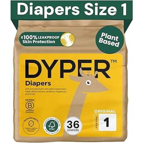 DYPER - Baby Diapers Premium Leak Protection Plant Based, Hypoallergenic Diaper for Day and Overnight Skin-Friendly Comfort | Soft Disposable Diapers (Size 1 (36 Diapers))