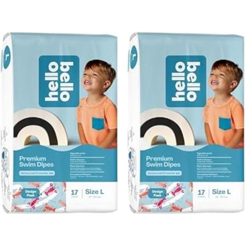 Hello Bello Premium Swim Diapers - Size L (32-40 lbs), Cute Extra-Bright Lobster Designs, 17 Count Jumbo Pack (Pack of 2)