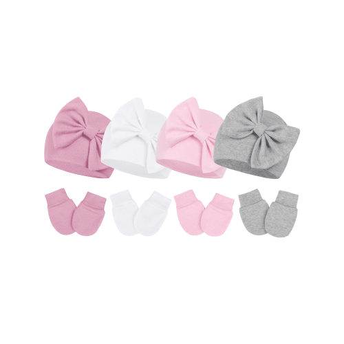 "Zando Baby Beanie Hats and Mittens, Cotton Bow Design, Double Layer, 0-3 Months, 11.8"" Circumference"