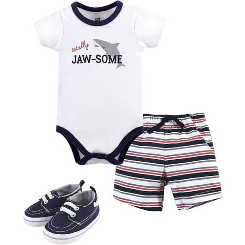 Hudson Baby Unisex Baby Cotton Bodysuit, Shorts and Shoe Set