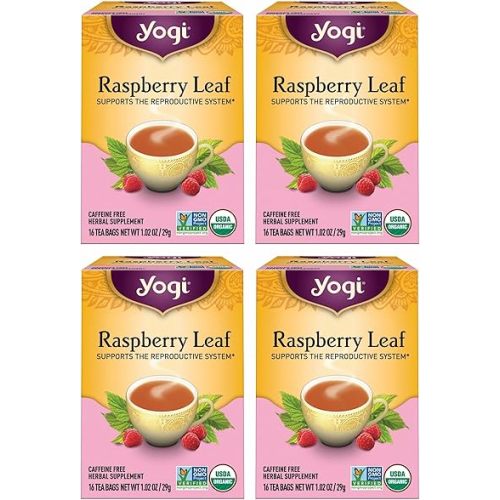 Yogi Tea Raspberry Leaf Tea - 16 Bags per Pack (4 Packs) - Caffeine-Free, Organic Raspberry Leaf - Aids Discomfort of Menstruation - Made from Organic Raspberry Leaves