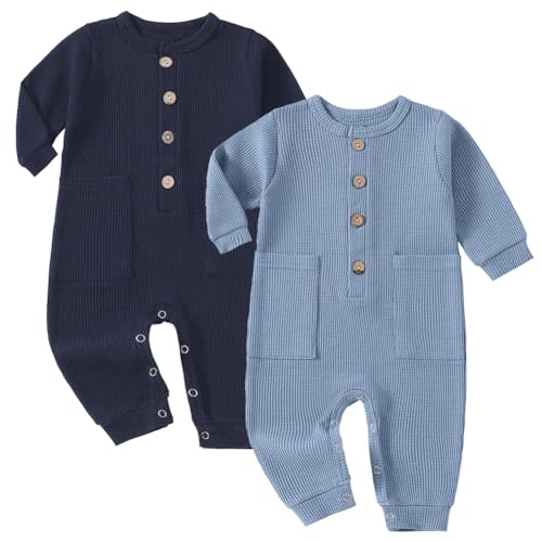 Yookoom Baby Boys Girls 2 Pack Solid Romper Ribbed Long Sleeve One-Piece Knit Cotton Jumpsuit Outfits Clothes