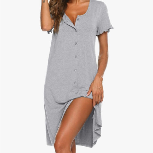 Ekouaer Women's Nightshirt Short Sleeve Button Down Nightgown V-Neck Sleepwear Pajama Dress