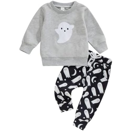 SAYOO Halloween Baby Boy Girl Clothes Funny Ghost Face Pullover Sweatshirt Jogger Pants 2Pcs Fall Holiday Sweatsuits Outfit