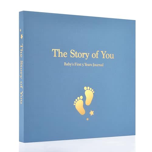 Baby Memory Book First 5 Year Boy or Girl Keepsake Journal Photo Albums Scrapbook, Gifts for Baby Shower First Time Mom New Parents (Footprint - Blue)