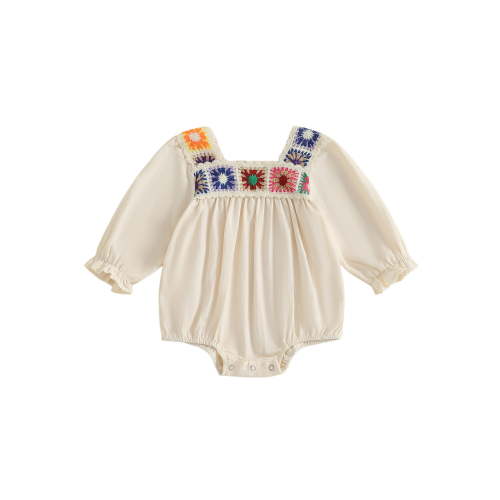 Txlixc Baby Girl Autumn Casual Romper Beige Long Sleeve Boho Pattern Embroidery Rompers