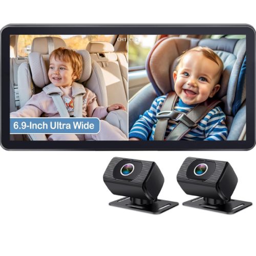 2-Kids Baby Car Camera for Seat: 6.9 Inch Ultrawide Display with Two Cameras Rear Facing - USB Powered Backseat Camera HD 1080P Easy to Install