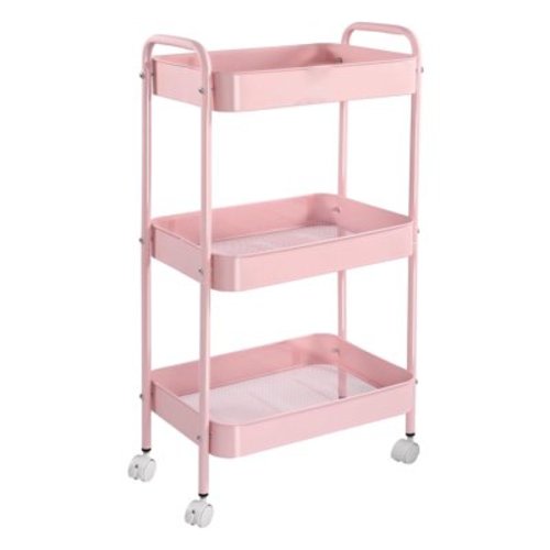3 Tier Rolling Cart withheels, Storage Craft Art Trolley Organizer Serving, 3 Hanging Baskets Easy Assembly, for Office, Living Room, Kitchen, (Pink)