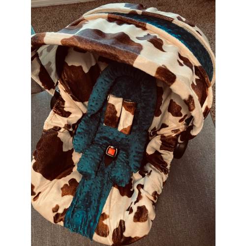 baby car seat cover and hood cover in Brown cow print with dark teal minky head headrest strap covers handle cushion