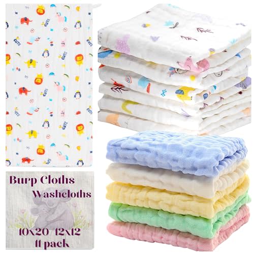 La Belle Beeno Baby Muslin Burp Cloths Washcloths 11 Pack Rags Face Towels Large Newborn Essentials Baby Registry Search 100% Cotton 6 Layered Muslin 10"x20" and 12"x12" for Boys & Girls Gift Set