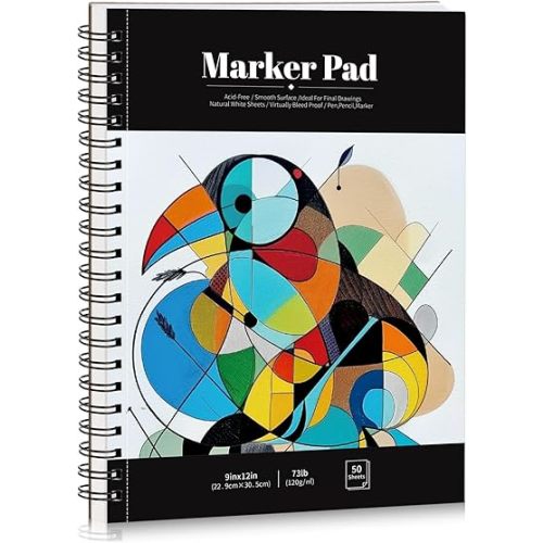 50 Sheets Marker Paper Pad, 9×12 Inch Bleedproof Art Sketch Pad, 73lb/120gsm Drawing Paper Spiral Sketch Book, Painting Coloring Alcohol Marker Paper for Beginners, Artists, Gift, Christmas